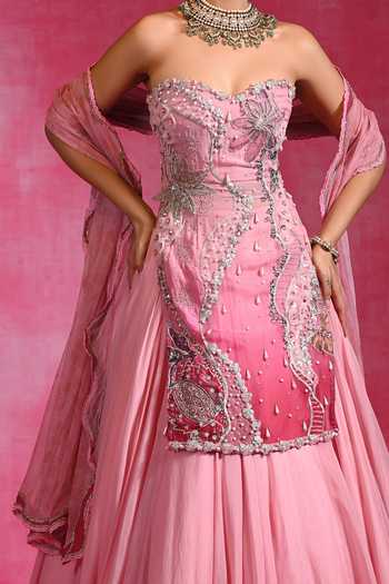 Rishi and Vibhuti_Pink Organza, Net Sweetheart Neck Gulabi Sitara Embroidered Kurta Lehenga Set _at_Aza_Fashions