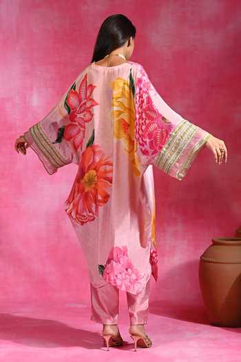 Shop_Rishi and Vibhuti_Pink Crepe V-neck Gulabi Floral Print Kaftan And Pant Set _at_Aza_Fashions
