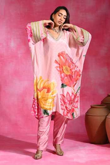 Buy_Rishi and Vibhuti_Pink Crepe V-neck Gulabi Floral Print Kaftan And Pant Set _Online_at_Aza_Fashions