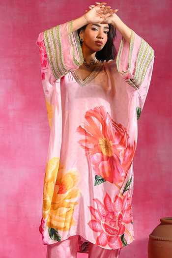 Shop_Rishi and Vibhuti_Pink Crepe V-neck Gulabi Floral Print Kaftan And Pant Set _Online_at_Aza_Fashions