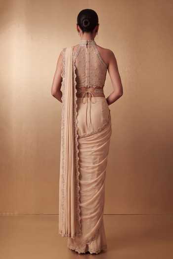 Shop_Two Sisters By Gyans_Beige Georgette Halter Neck Pre-draped Saree With Hand Embroidered Blouse _at_Aza_Fashions