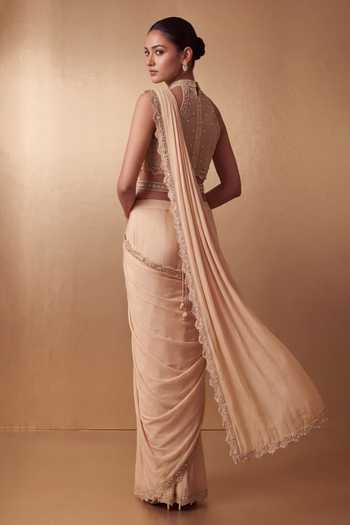 Two Sisters By Gyans_Beige Georgette Halter Neck Pre-draped Saree With Hand Embroidered Blouse _Online_at_Aza_Fashions