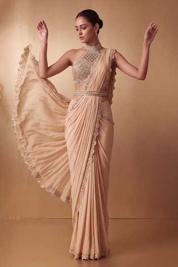 Buy_Two Sisters By Gyans_Beige Georgette Halter Neck Pre-draped Saree With Hand Embroidered Blouse _at_Aza_Fashions