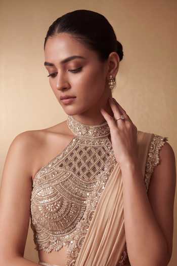 Buy_Two Sisters By Gyans_Beige Georgette Halter Neck Pre-draped Saree With Hand Embroidered Blouse _Online_at_Aza_Fashions