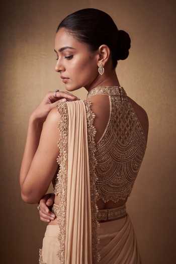 Shop_Two Sisters By Gyans_Beige Georgette Halter Neck Pre-draped Saree With Hand Embroidered Blouse _Online_at_Aza_Fashions