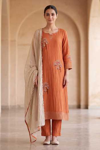 Two Sisters By Gyans_Orange Chanderi Round Neck Hand Floral Embroidered Kurta Set _Online_at_Aza_Fashions