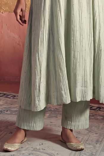Two Sisters By Gyans_Grey Chanderi V-neck Mul Embroidered Kurta Set _Online_at_Aza_Fashions
