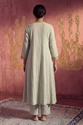 Shop_Two Sisters By Gyans_Grey Chanderi V-neck Mul Embroidered Kurta Set _at_Aza_Fashions
