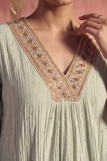 Shop_Two Sisters By Gyans_Grey Chanderi V-neck Mul Embroidered Kurta Set _Online_at_Aza_Fashions