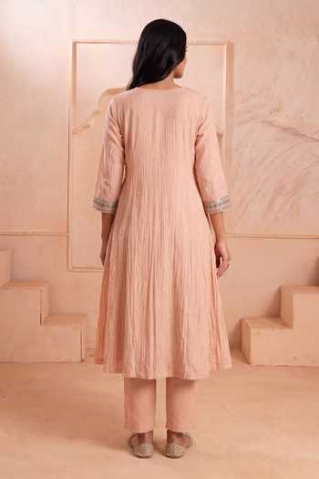 Shop_Two Sisters By Gyans_Pink Chanderi V-neck Mul Hand Embroidered Kurta Set _at_Aza_Fashions