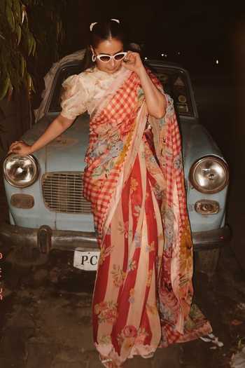 Moh India_Red Organza, Chanderi Silk High Neck The Jaipur Crimson Saree With Blouse _Online