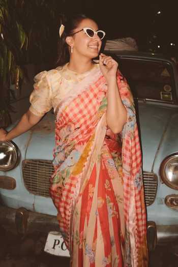 Buy_Moh India_Red Organza, Chanderi Silk High Neck The Jaipur Crimson Saree With Blouse _Online