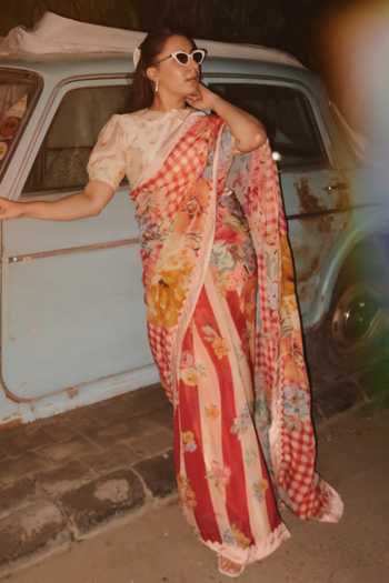 Moh India_Red Organza, Chanderi Silk High Neck The Jaipur Crimson Saree With Blouse 