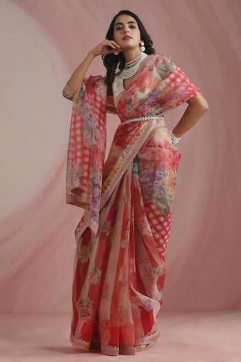 Moh India_Red Organza, Chanderi Silk High Neck The Jaipur Crimson Saree With Blouse 