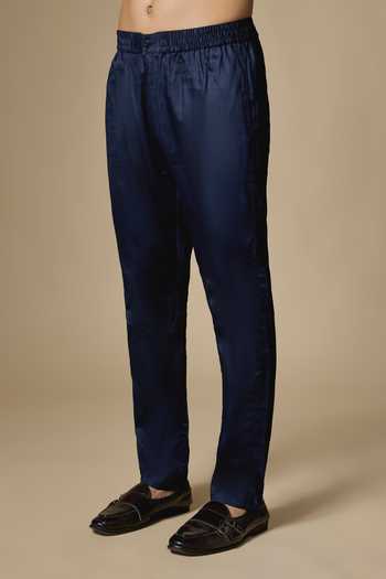 SPRING BREAK_Navy Silk, Dupion, Cotton Satin Embroidery Bandhgala And Pant Set _Online_at_Aza_Fashions
