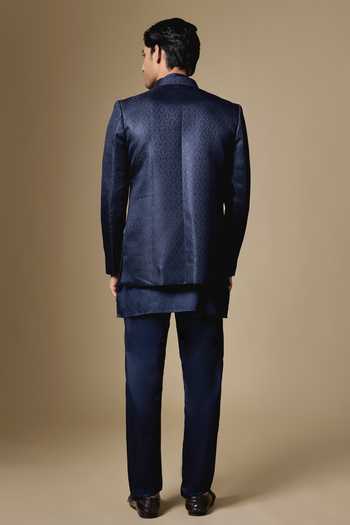 Shop_SPRING BREAK_Navy Silk, Dupion, Cotton Satin Embroidery Bandhgala And Pant Set _at_Aza_Fashions