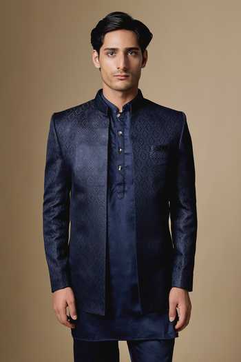 Buy_SPRING BREAK_Navy Silk, Dupion, Cotton Satin Embroidery Bandhgala And Pant Set _Online_at_Aza_Fashions