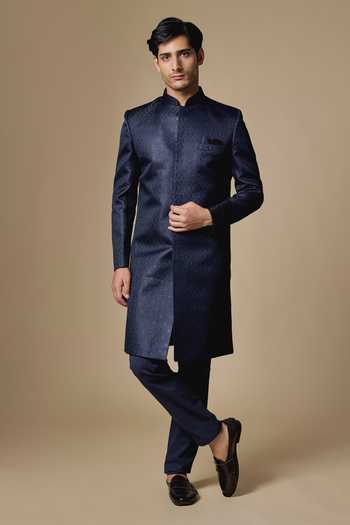Buy_SPRING BREAK_Navy Silk, Dupion, Cotton Satin Embroidered Sherwani Set _at_Aza_Fashions