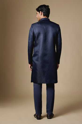 Shop_SPRING BREAK_Navy Silk, Dupion, Cotton Satin Embroidered Sherwani Set _at_Aza_Fashions