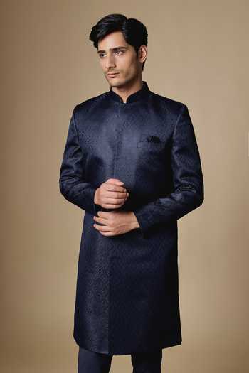 SPRING BREAK_Navy Silk, Dupion, Cotton Satin Embroidered Sherwani Set _Online_at_Aza_Fashions