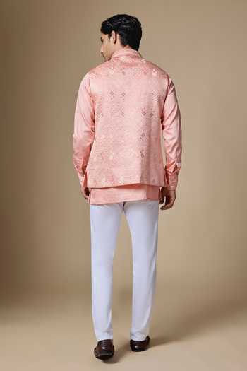Shop_SPRING BREAK_Peach Silk, , Satin, Geometric Embroidered Nehru Jacket And Kurta Set _at_Aza_Fashions