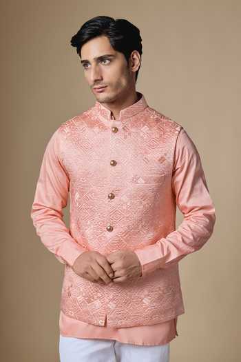 Buy_SPRING BREAK_Peach Silk, , Satin, Geometric Embroidered Nehru Jacket And Kurta Set _Online_at_Aza_Fashions