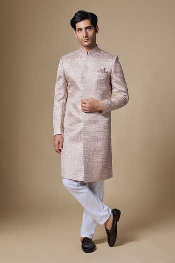 Buy_SPRING BREAK_Pink Silk, Dupion, Cotton Satin Embroidered Sherwani Set _at_Aza_Fashions