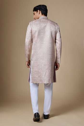 Shop_SPRING BREAK_Pink Silk, Dupion, Cotton Satin Embroidered Sherwani Set _at_Aza_Fashions