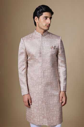 SPRING BREAK_Pink Silk, Dupion, Cotton Satin Embroidered Sherwani Set _Online_at_Aza_Fashions