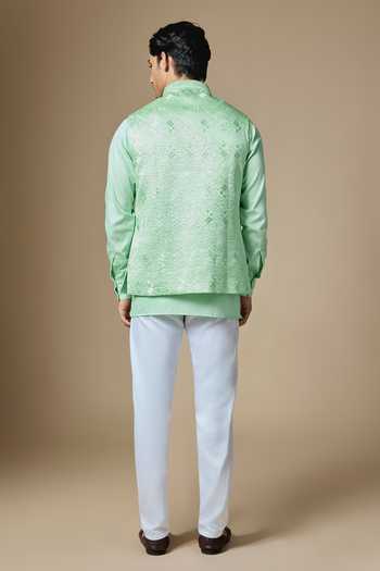 Shop_SPRING BREAK_Mint Silk, Dupion, Cotton Satin Geometric Embroidered Nehru Jacket Set _at_Aza_Fashions