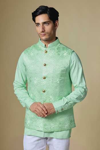 Buy_SPRING BREAK_Mint Silk, Dupion, Cotton Satin Geometric Embroidered Nehru Jacket Set _Online_at_Aza_Fashions