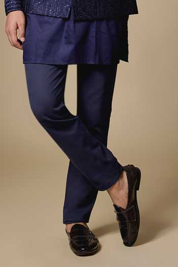 SPRING BREAK_Navy Silk, Dupion, Cotton Satin Geometric Embroidered Nehru Jacket And Kurta Set _Online_at_Aza_Fashions