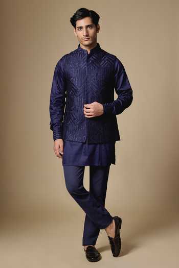 Buy_SPRING BREAK_Navy Silk, Dupion, Cotton Satin Geometric Embroidered Nehru Jacket And Kurta Set _at_Aza_Fashions