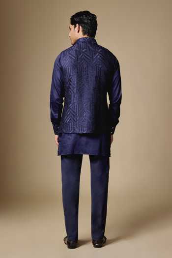 Shop_SPRING BREAK_Navy Silk, Dupion, Cotton Satin Geometric Embroidered Nehru Jacket And Kurta Set _at_Aza_Fashions