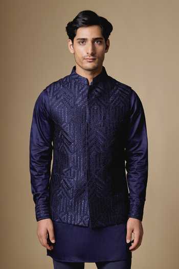 Buy_SPRING BREAK_Navy Silk, Dupion, Cotton Satin Geometric Embroidered Nehru Jacket And Kurta Set _Online_at_Aza_Fashions