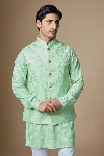 SPRING BREAK_Mint Silk, Dupion, Cotton Satin Border Embroidered Nehru Jacket And Kurta Set _Online_at_Aza_Fashions
