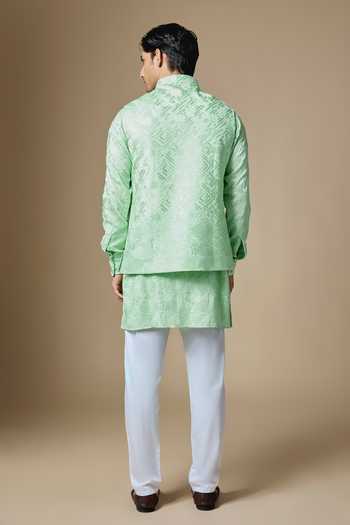 Shop_SPRING BREAK_Mint Silk, Dupion, Cotton Satin Border Embroidered Nehru Jacket And Kurta Set _at_Aza_Fashions