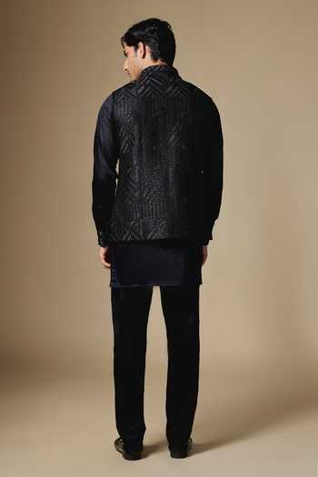 Shop_SPRING BREAK_Black Silk, Dupion, Cotton Satin Geometric Embroidered Nehru Jacket And Kurta Set _at_Aza_Fashions