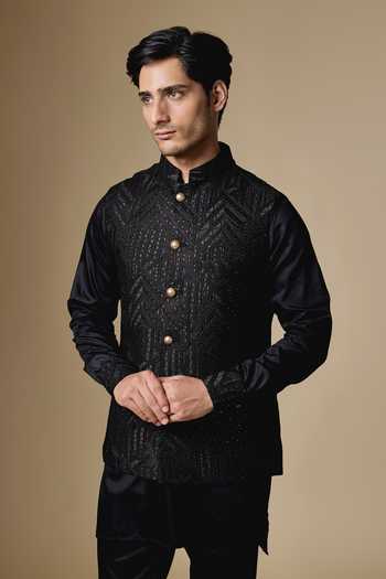 Buy_SPRING BREAK_Black Silk, Dupion, Cotton Satin Geometric Embroidered Nehru Jacket And Kurta Set _Online_at_Aza_Fashions