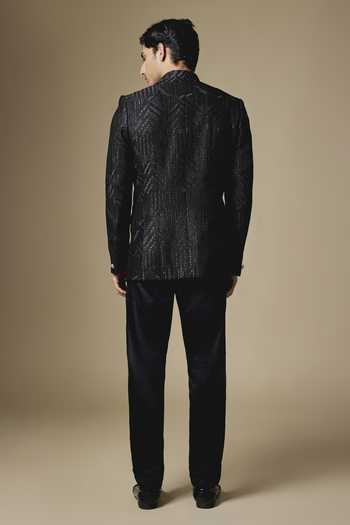 Shop_SPRING BREAK_Black Silk, Dupion Embroidery Geometric Bandhgala Jacket _at_Aza_Fashions