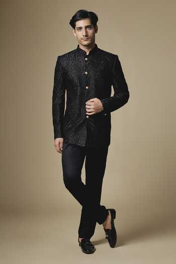 SPRING BREAK_Black Silk, Dupion Embroidery Geometric Bandhgala Jacket _Online_at_Aza_Fashions