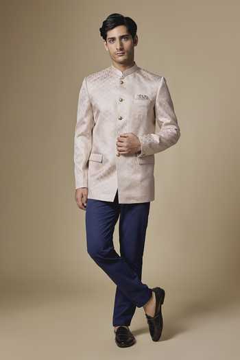 SPRING BREAK_Pink Silk, Dupion Jacquard Bandhgala Jacket _Online_at_Aza_Fashions