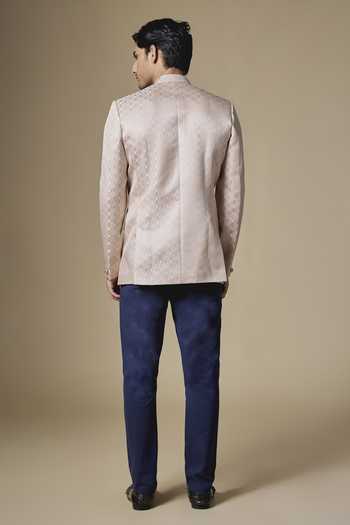 Shop_SPRING BREAK_Pink Silk, Dupion Jacquard Bandhgala Jacket _at_Aza_Fashions
