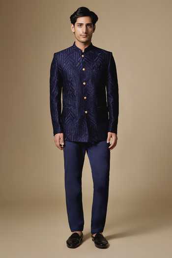 SPRING BREAK_Gold Silk, Dupion Embroidery Geometric Bandhgala Jacket _Online_at_Aza_Fashions