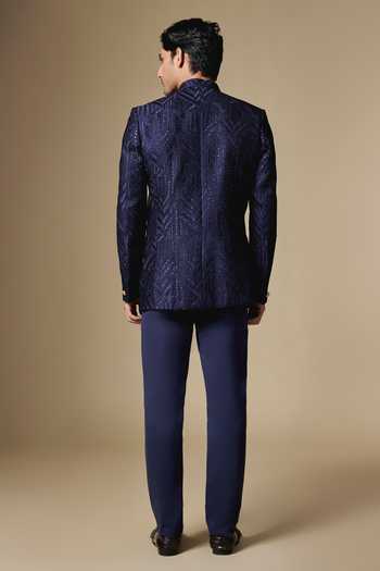Shop_SPRING BREAK_Gold Silk, Dupion Embroidery Geometric Bandhgala Jacket _at_Aza_Fashions