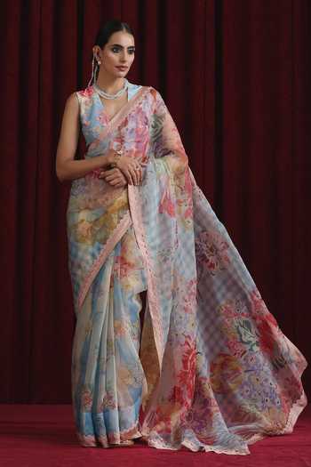 Moh India_Sky Blue Organza, Chanderi Silk V-neck Rani Bloom Powder Saree With Blouse _at_Aza_Fashions