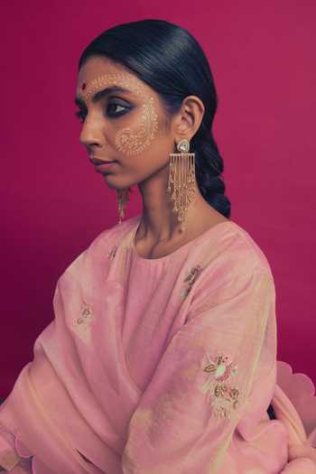 Shop_Label Earthen_Pink Tissue Round Neck, Yes Gulabi Saanjh Kurta Gharara Set _at_Aza_Fashions