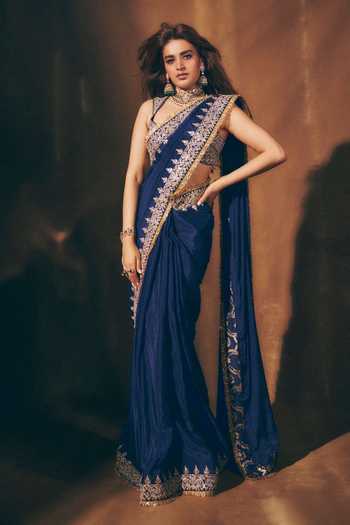 Buy_Gopi Vaid_Blue Chiffon, Tussar V-neck Layla Saree With Embroidered Blouse _Online_at_Aza_Fashions