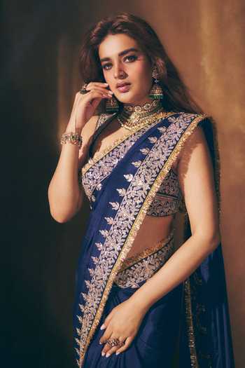 Shop_Gopi Vaid_Blue Chiffon, Tussar V-neck Layla Saree With Embroidered Blouse _Online_at_Aza_Fashions