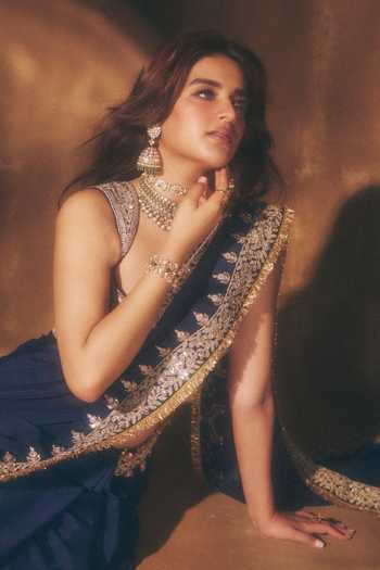 Buy_Gopi Vaid_Blue Chiffon, Tussar V-neck Layla Saree With Embroidered Blouse 